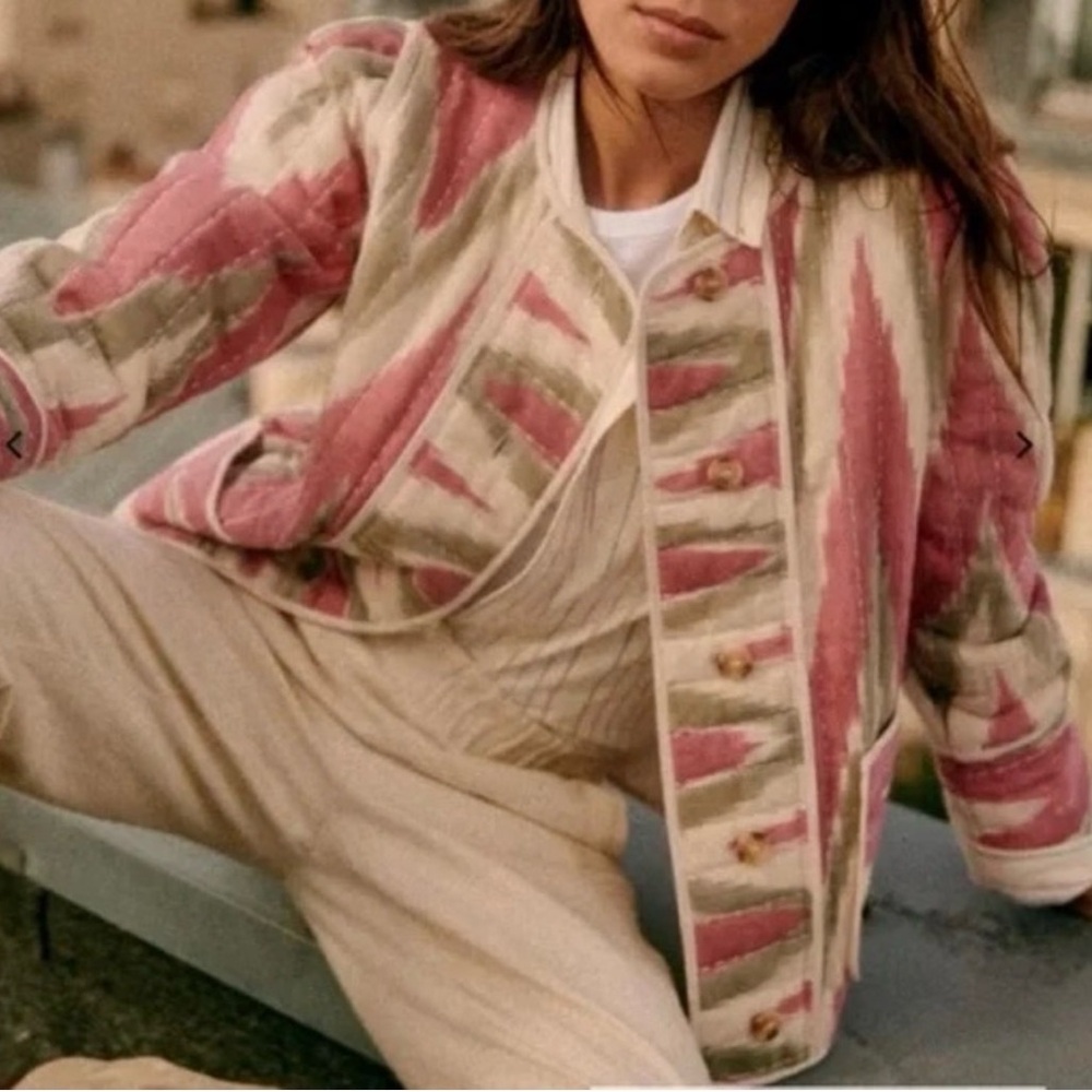 Sezane Isaias Pink and Green Quilted Jacket Size 34